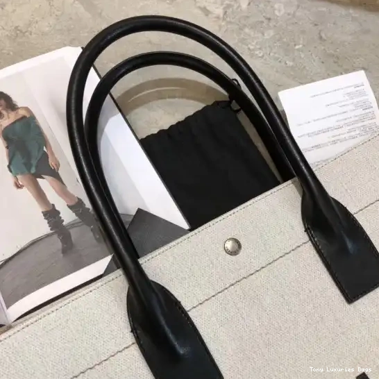Tony Luxuries IN YSL BAG LEATHER RIVE AND LINEN TOTE GAUCHE 0608